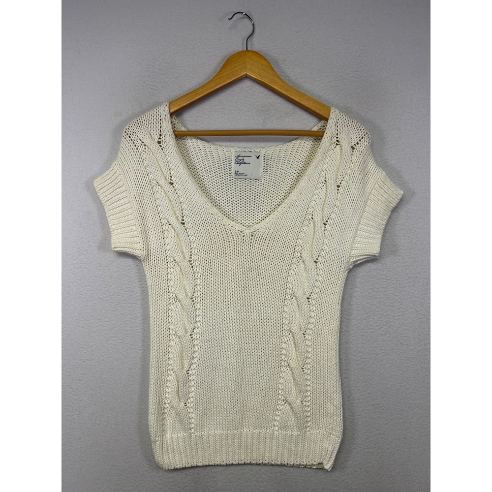 Coastal Preppy Y2K American Eagle Womens‎ Small Cream Cable Knit V-Neck Sweater